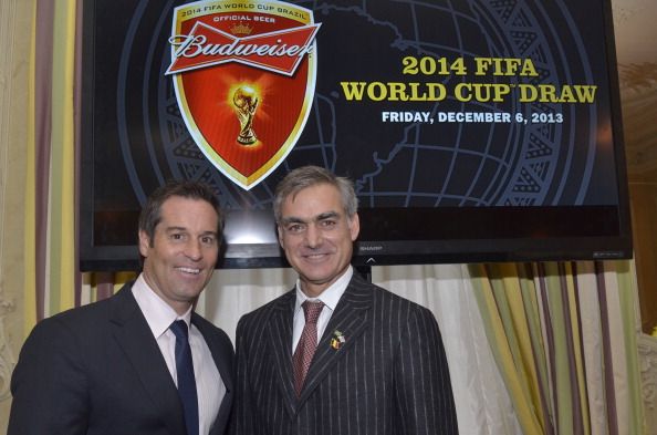 WASHINGTON, DC - DECEMBER 6:  John Harkes, (Former captain, US men's national team)  and Dr. Scott Ratzan, (Vice President, Global Corporate Affairs, Anheuser-Busch InBev) gathered at the Brazilian Ambassador's residence in Washington DC on December 6, 2013 to celebrate the 2014 FIFA World Cup Brazil Final Draw.  In partnership with Budweiser, the global official beer of the FIFA World Cup, Garibaldi created a commemorative work of art representing the 32 countries competing in the tournament next summer and their quest to be crowned the best in the world.   (Photo by Kris Connor/Getty Images for Budweiser)