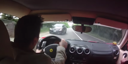 Man shows unreal reactions to avoid two crashes whilst test-driving a Ferrari