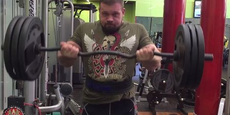 Russian monster bicep curls a terrifying 132kg bar for reps (Video)
