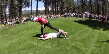 Watch NFL Super Bowl-winning linebacker’s wrecking ball tackle on fan at golf competition (Video)