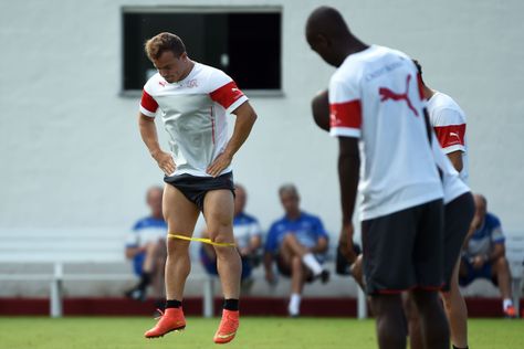 Switzerland's midfielder Xherdan Shaqiri takes part in a training session on June 29, 2014 at the Municipal Stadium in Porto Seguro, during the 2014 FIFA World Cup in Brazil. AFP PHOTO / ANNE-CHRISTINE POUJOULAT