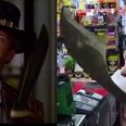 Watch machete-wielding robbers sh*t themselves when shopkeeper pulls a sword (Video)