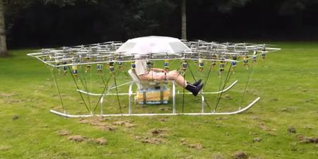 British eccentric invents flying machine made out of 54 drones (Video)