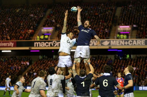 EDINBURGH, SCOTLAND - FEBRUARY 08: Courtney Lawes of England and James Hamilton of Scotland go up for the line out ball during the RBS Six Nations match between Scotland and England at Murrayfield Stadium on February 8, 2014 in Edinburgh, Scotland. (Photo by David Rogers/Getty Images)