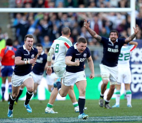 ROME, ITALY - FEBRUARY 22: Duncan Weir of Scotland celebrates after scoring the winning drop goal during the RBS Six Nations match between Italy and Scotland at Stadio Olimpico on February 22, 2014 in Rome, Italy. (Photo by Paolo Bruno/Getty Images)