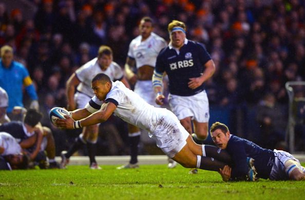 EDINBURGH, SCOTLAND - FEBRUARY 08: Luther Burrell of England goes over to score a try during the RBS Six Nations match between Scotland and England at Murrayfield Stadium on February 8, 2014 in Edinburgh, Scotland. (Photo by Laurence Griffiths/Getty Images)