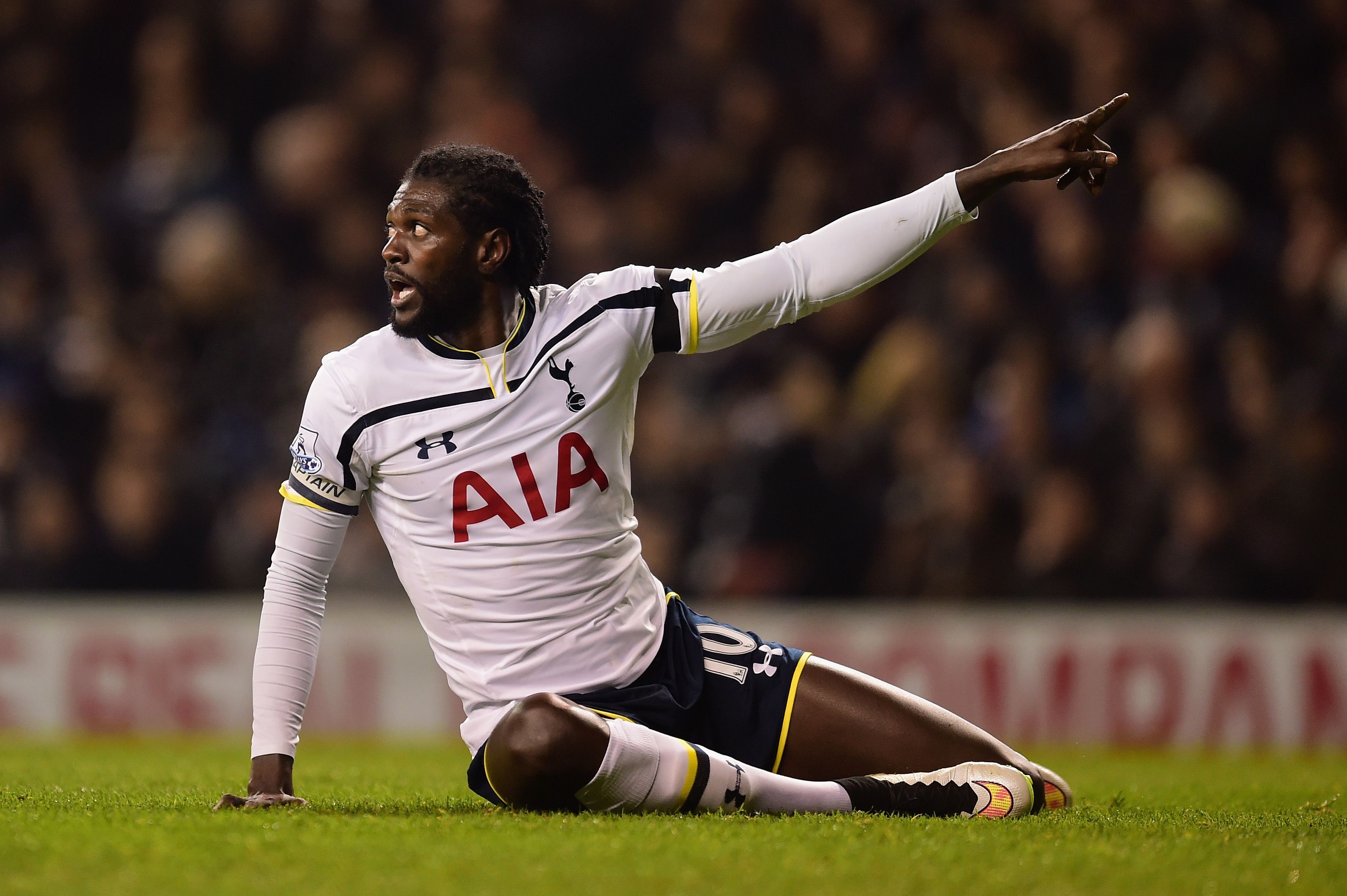 LONDON, ENGLAND - JANUARY 21: Emmanuel Adebayour of Spurs reacts during the Capital One Cup Semi-Final first leg match between Tottenham Hotspur and Sheffield United at White Hart Lane on January 21, 2015 in London, England. (Photo by Jamie McDonald/Getty Images)
