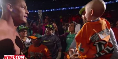 Wrestler John Cena shows his human side when meeting 7-year-old cancer survivor