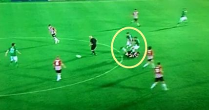 Irish player sends TWO opponents flying with crunching tackle…
