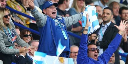Diego Maradona was celebrating wildly in Leicester today as Argentina beat Tonga (Video)