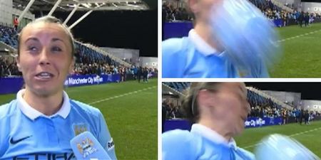 Manchester City star Natasha Harding gets a ball in the face during interview…and club take the p*ss (Video)