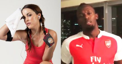 Usain Bolt loses bet to Arsenal supporting model and is forced to wear a Gunners’ shirt (Video)