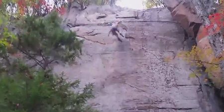 Rock climber saved by his harness after terrifying 50-foot fall (Video)