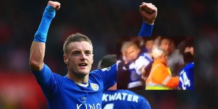 Leicester fan almost drops his kid as he celebrates Vardy’s equaliser (Video)