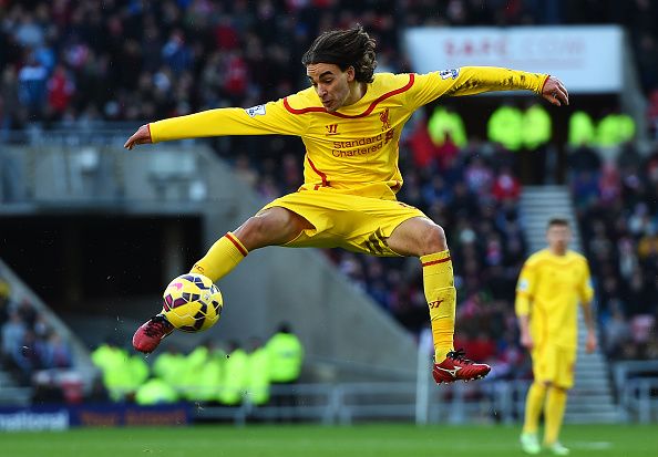 SUNDERLAND, ENGLAND - JANUARY 10:  Lazar Markovic of Liverpool strikes a volley onto the crossbar during the Barclays Premier League match between Sunderland and Liverpool at Stadium of Light on January 10, 2015 in Sunderland, England.  (Photo by Michael Regan/Getty Images)