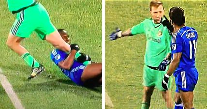 Drogba wrestles goalkeeper to the ground by his leg in bizarre challenge…and only gets booked (Video)