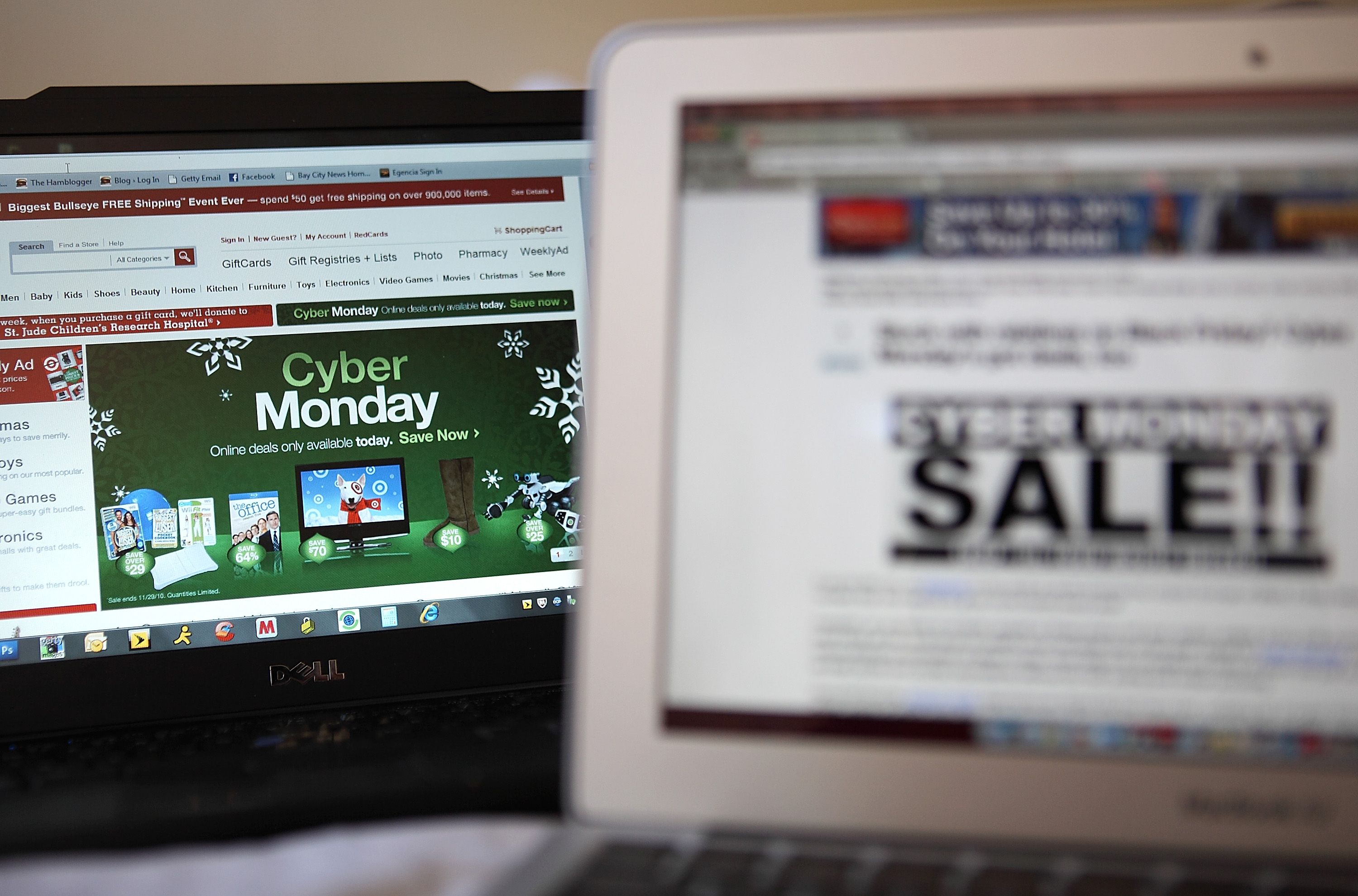 SAN ANSELMO, CA - NOVEMBER 29: In this photo illustration, an ad seen on the Target website for a Cyber Monday sale is displayed on laptop computers on November 29, 2010 in San Anselmo, California. Following Black Friday, online retailers are rolling out deep discounts in hopes of luring people who are returning to work into making online purchases on what is now referred to as Cyber Monday. (Photo Illustration by Justin Sullivan/Getty Images)