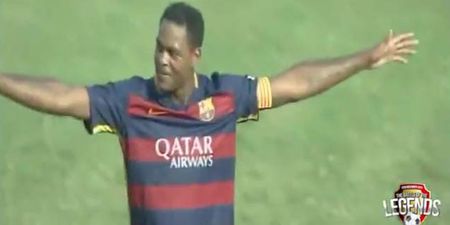Watch a 39-year-old Patrick Kluivert score an absolutely outrageous lob for Barcelona legends
