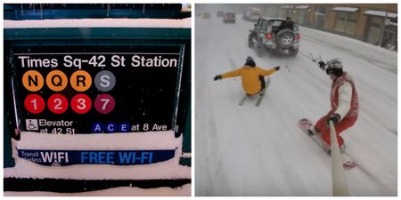 VIDEO: New Yorkers take advantage of blizzard by snowboarding through the city