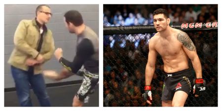 VIDEO: Chris Weidman doesn’t hold back as he delivers a leg kick to Reebok executive