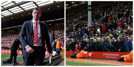 PIC: Jamie Carragher joined Liverpool fans who staged a 77th-minute walkout at Anfield