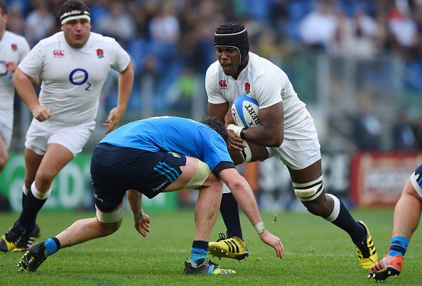 ROME, ITALY - FEBRUARY 14: Maro Itoje of England charges into George Biagi of Italy during the RBS Six Nations match between Italy and England at the Stadio Olimpico on February 14, 2016 in Rome, Italy. (Photo by Shaun Botterill/Getty Images)