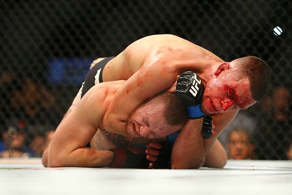 LAS VEGAS, NV - MARCH 5: Nate Diaz applies a choke hold to win by submission against Conor McGregor during UFC 196 at the MGM Grand Garden Arena on March 5, 2016 in Las Vegas, Nevada. (Photo by Rey Del Rio/Getty Images)