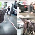This ‘dinosaur attack’ prank in an office carpark is cruel, but pretty damn funny