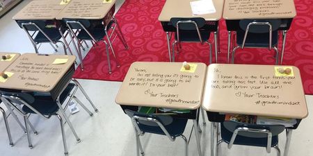This teacher writes inspirational messages on students’ desks on exam day