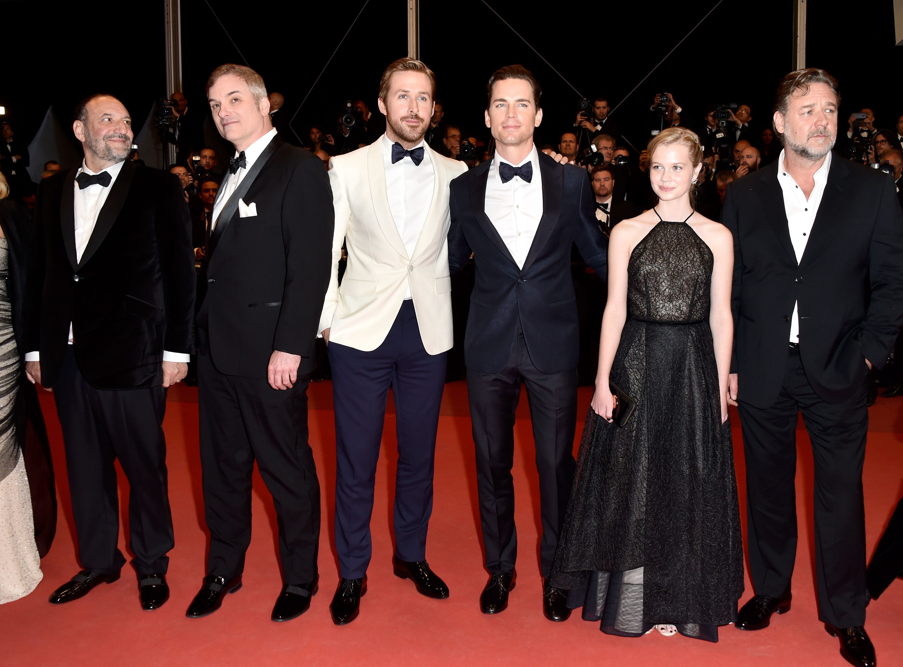 CANNES, FRANCE - MAY 15: (L-R) Producer Joel Silver, director Shane Black, actors Ryan Gosling, Matt Bomer, Angourie Rice and Russell Crowe attend "The Nice Guys" Premiere during the 69th annual Cannes Film Festival at the Palais des Festivals on May 15, 2016 in Cannes, France. (Photo by Pascal Le Segretain/Getty Images)