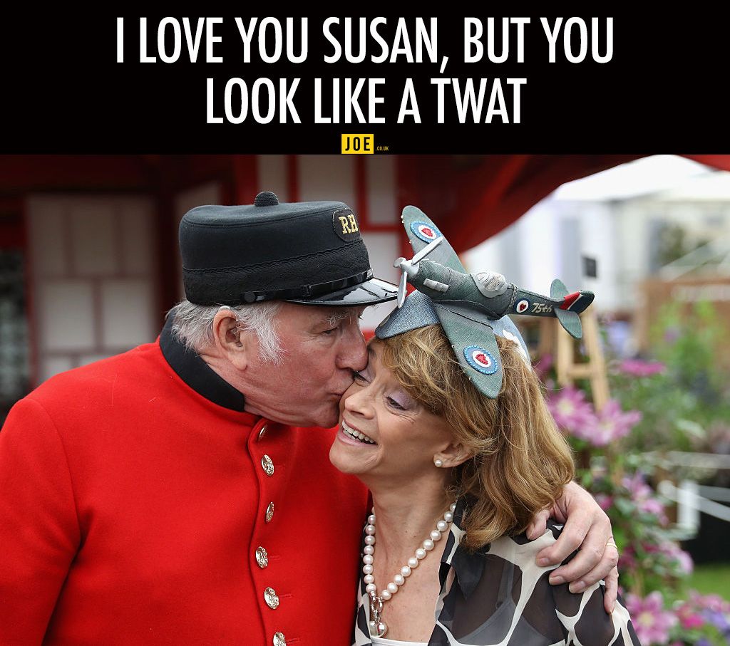 LONDON, ENGLAND - MAY 23: Sue Holderness gets a kiss from a Chelsea Pensioner at RHS Chelsea Flower Show on May 23, 2016 in London, England. (Photo by Chris Jackson/Getty Images)