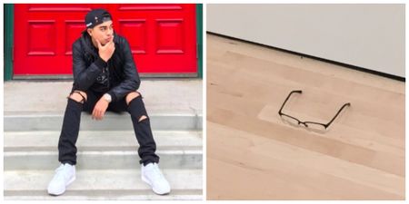 A teen put a pair of glasses on the floor in an art gallery and of course people stopped to take pictures