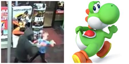 Heroic little boy fights back against armed robbers with his Yoshi toy