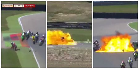 Motorcyclists lucky to escape unharmed after this huge fireball at Moto2 race