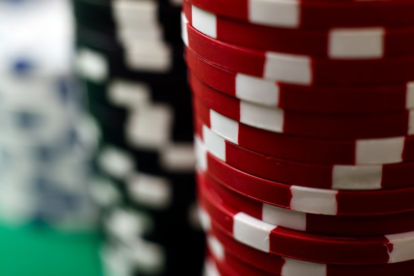 Color stacks of poker chips, close up