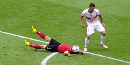 Albania captain Lorik Cana sent off for ridiculous Phil Jones style defending