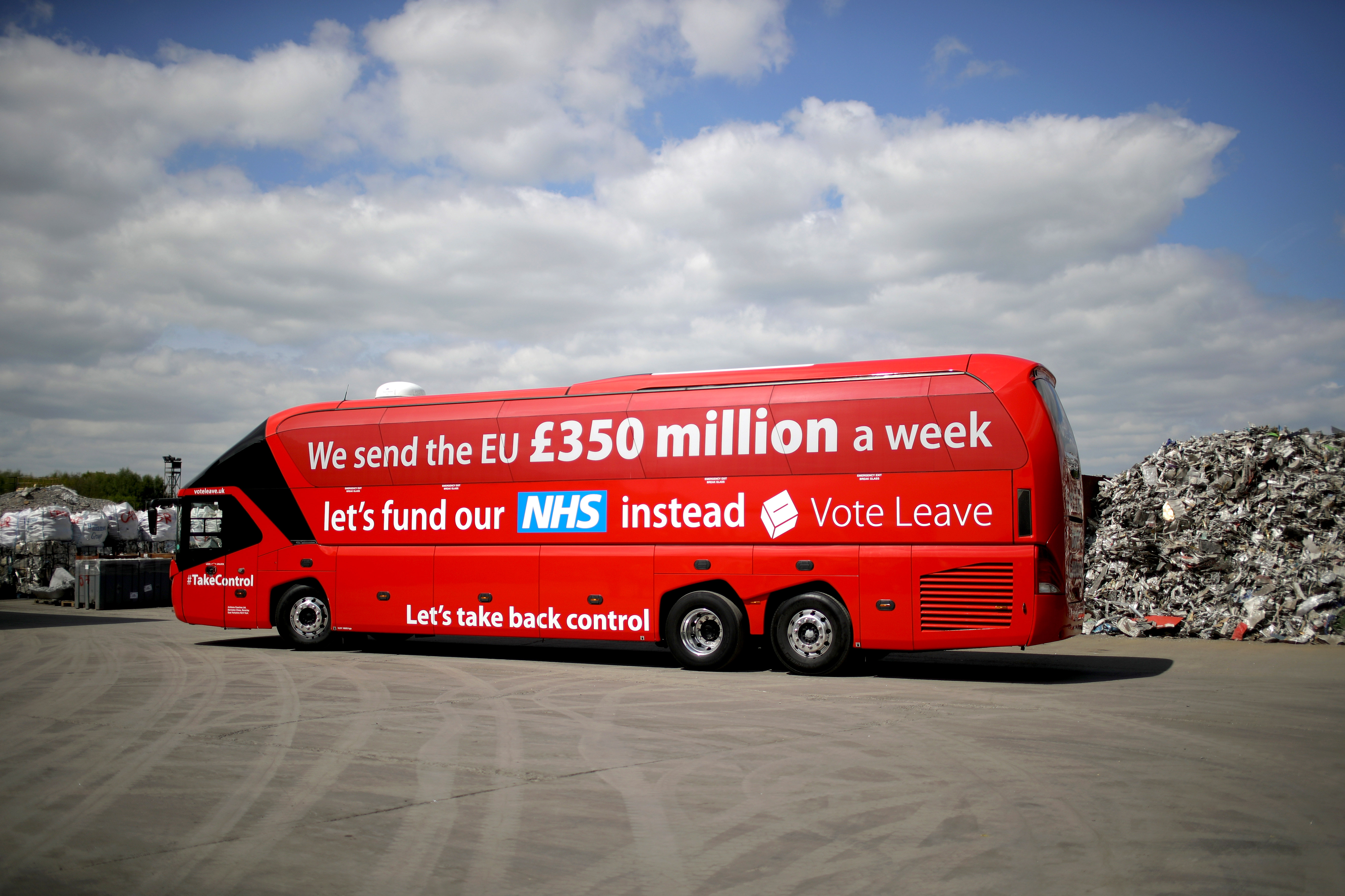 STAFFORD, ENGLAND - MAY 17: The Vote Leave campaign bus arrives at JBMI Group, Kingsilver Refinery in Hixon, Staffordshire during the Vote Leave, Brexit Battle Bus tour on May 17, 20016 in Stafford, England. Boris Johnson and the Vote Leave campaign are touring the UK in their Brexit Battle Bus. The campaign is hoping to persuade voters to back leaving the European Union in the Referendum on the 23rd June 2016. (Photo by Christopher Furlong/Getty Images)