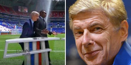 Arsene Wenger hides behind Marcel Desailly to avoid getting soaked on TV