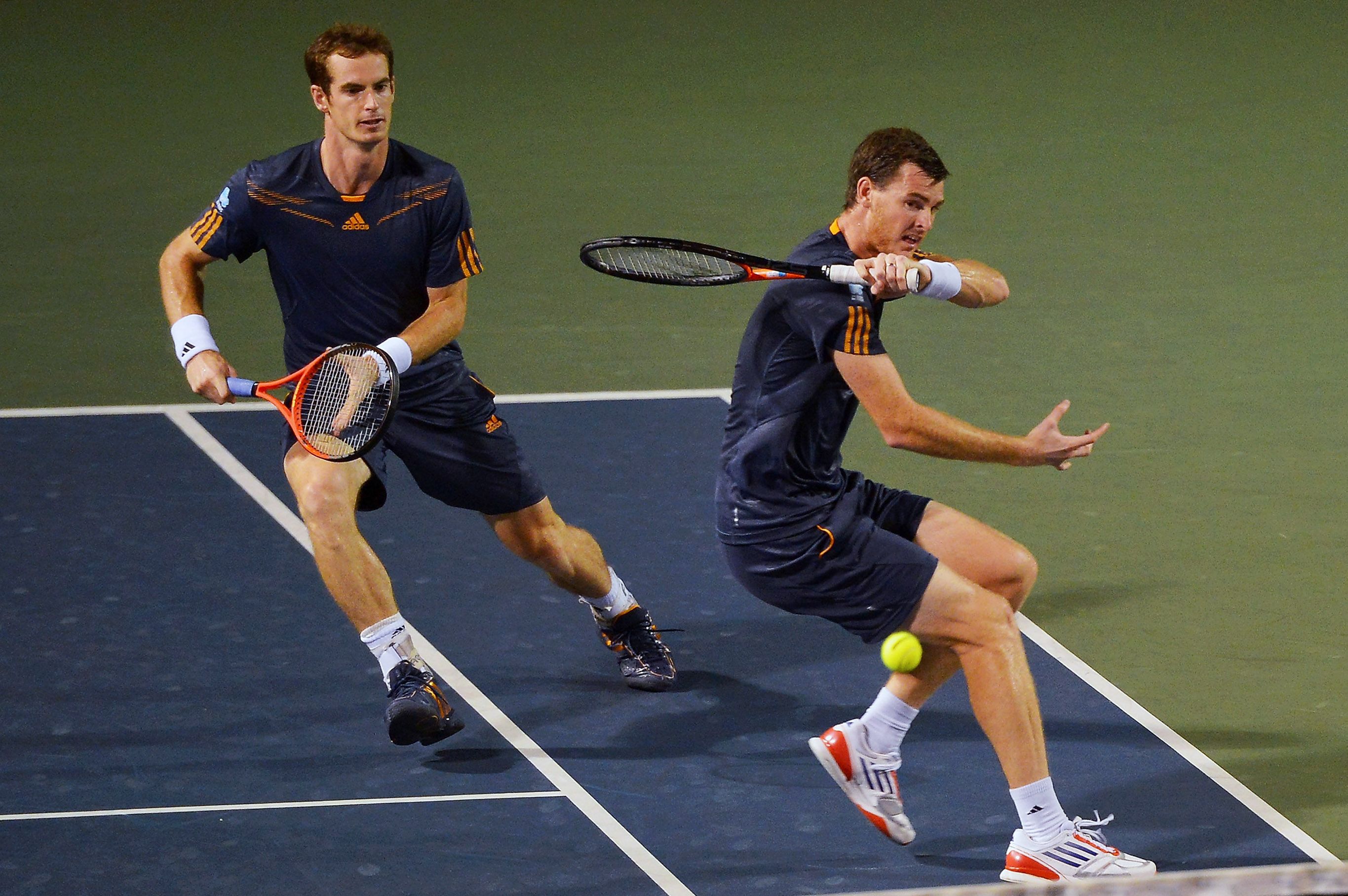 TOKYO, JAPAN - OCTOBER 05: (L-R) Andy Murray and Jamie Murray of Great Britain in action in their quater final match against Radek Stepanek of the Czech Republic and Leander Paes of India during day five of the Rakuten Open at Ariake Colosseum on October 5, 2012 in Tokyo, Japan. (Photo by Koki Nagahama/Getty Images)