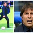 Furious Antonio Conte boots the ball away in disgust during Italy’s 2-0 victory