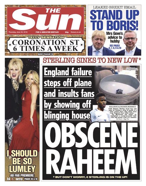 Sun Front Page - Raheem Sterling