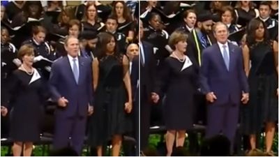 People are not impressed with George W Bush for dancing at a funeral