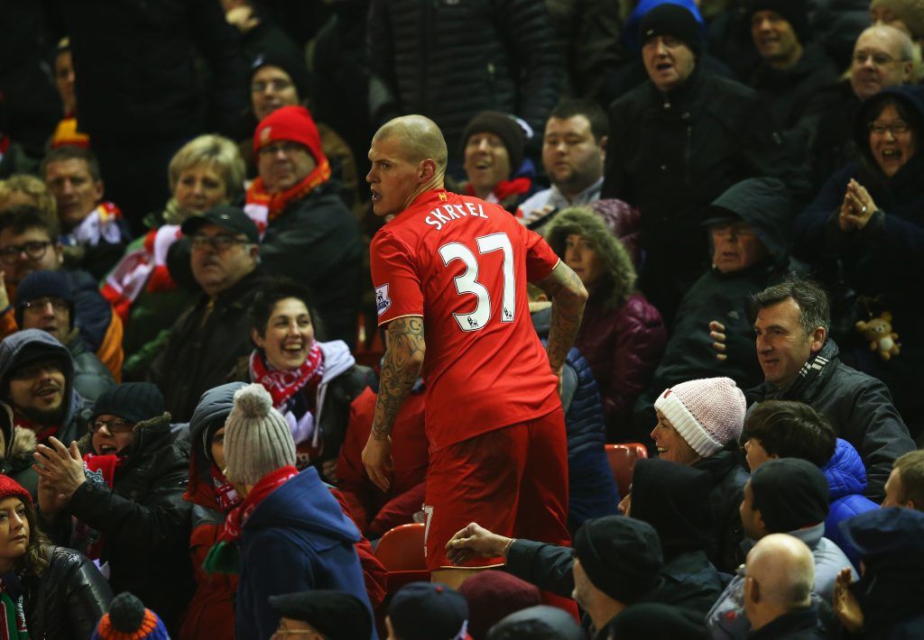 LIVERPOOL, ENGLAND - DECEMBER 13: Martin Skrtel of Liverpool looks on after being pushed into the crowdduring the Barclays Premier League match between Liverpool and West Bromwich Albion at Anfield on December 13, 2015 in Liverpool, England. (Photo by Alex Livesey/Getty Images)