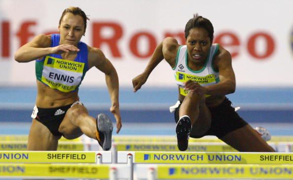 SHEFFIELD, UNITED KINGDOM - FEBRUARY 10: Jessica Ennis and Sarah Claxton in action in the Women's 60 metres hurdles during the Norwich Union World Trials & UK championships at The English Institute of Sport on February 10, 2008 in Sheffield, England. (Photo by Ian Walton/Getty Images)