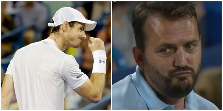 Umpire is NOT impressed when Andy Murray just misses his head with tennis ball kick