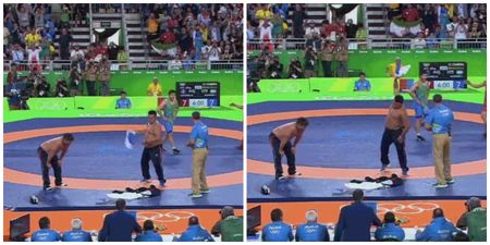 Mongolian wrestling coaches so furious at Olympics penalty call they strip off in protest