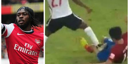 Watch former Arsenal man Gervinho get red carded for stamping on player’s balls