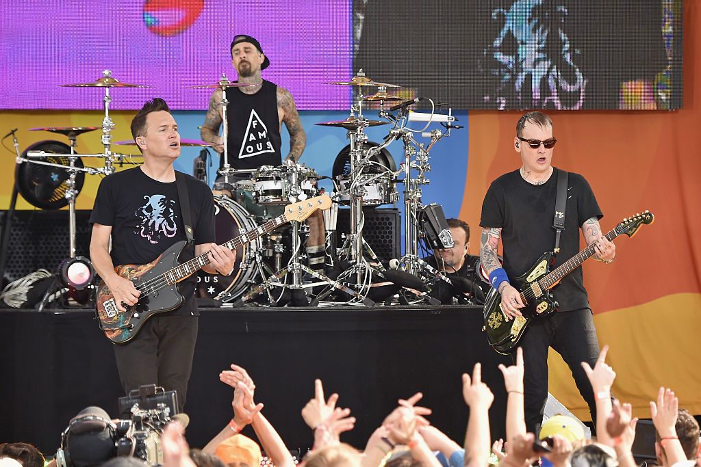 NEW YORK, NY - JULY 01: (L-R) Mark Hoppus, Travis Barker, and Matt Skiba of the band Blink 182 perform on ABC's "Good Morning America" at SummerStage at Rumsey Playfield, Central Park on July 1, 2016 in New York City. (Photo by Mike Coppola/Getty Images)
