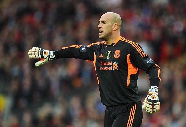 LONDON, ENGLAND - FEBRUARY 26: Jose Reina of Liverpool gestures during the Carling Cup Final match between Liverpool and Cardiff City at Wembley Stadium on February 26, 2012 in London, England. (Photo by Mike Hewitt/Getty Images)