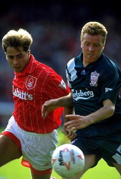 16 Aug 1992: Ian Woan of Nottingham Forest takes on Steve Nicol of Liverpool during an FA Carling Premier League match at the City Ground in Nottingham, England. Nottingham Forest won the match 1-0. Mandatory Credit: Shaun Botterill/Allsport